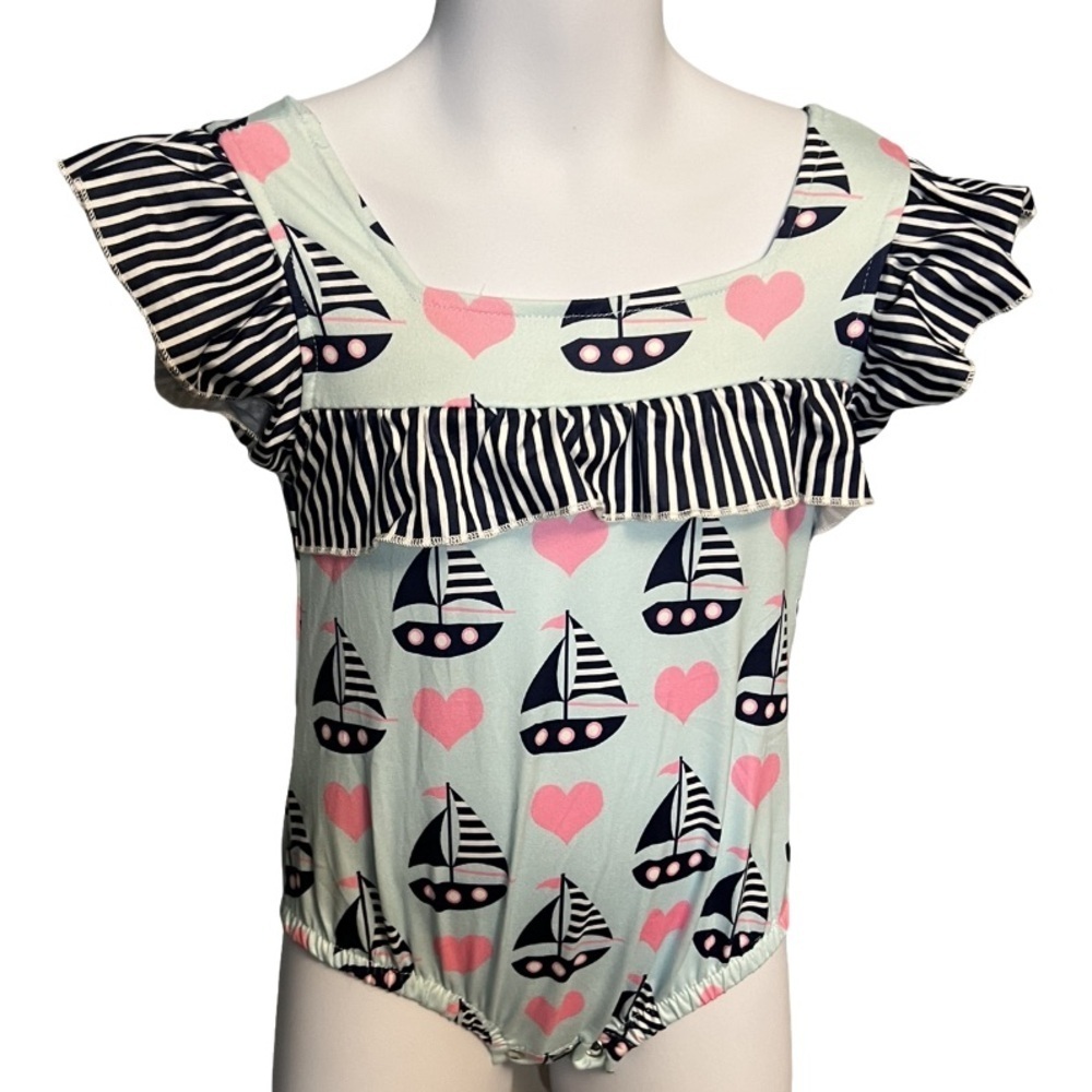 Pete and Lucy Blue Sailboat and Pink Heart Short Sleeve Romper with Ruffles NWT - Picture 1 of 4